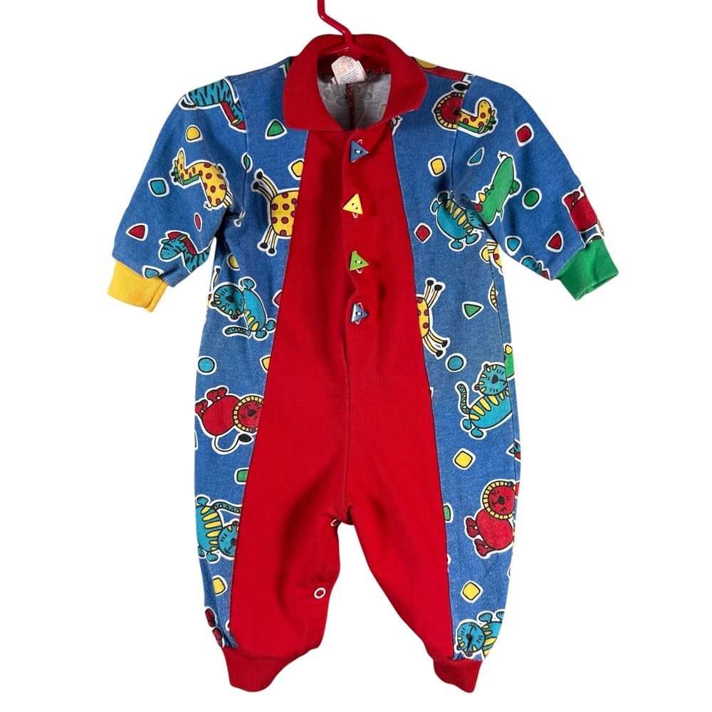 Buster Brown Vintage Zoo Animal Romper Unisex 6-9M Blue Red Kidcore 90s USA